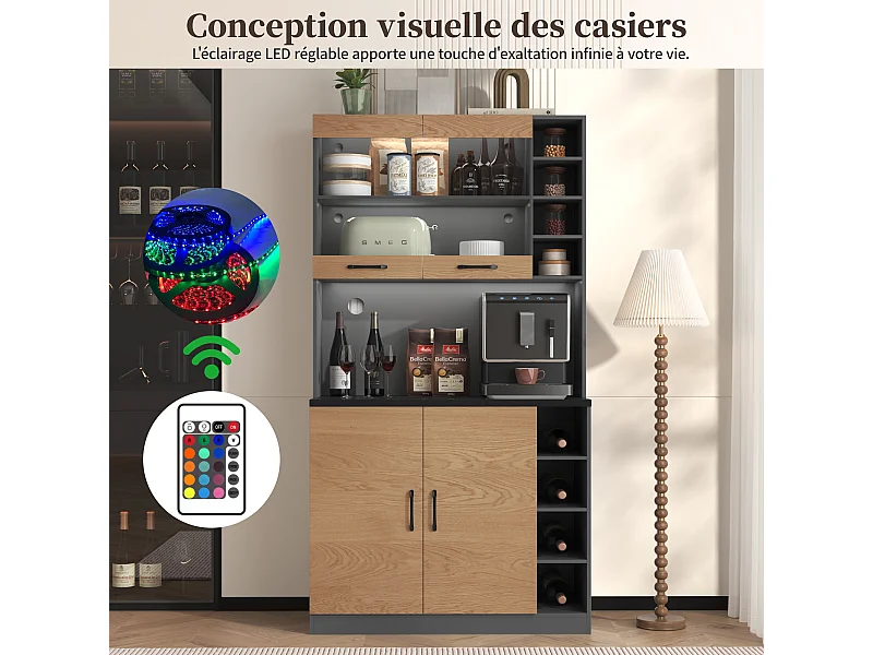 Aparador de cozinha com 2 portas em acrílico e iluminação LED, cinza e natural.