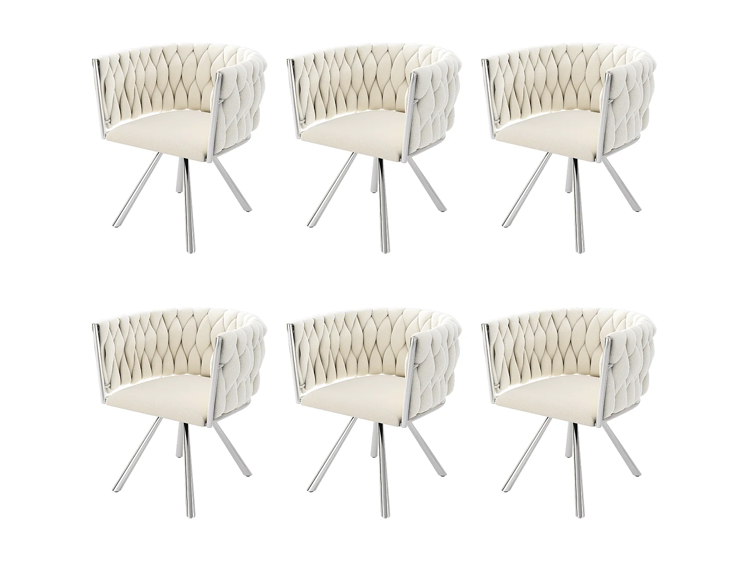 Lot de 6 chaises pivotantes avec accoudoirs, pieds métal argenté - velours beige