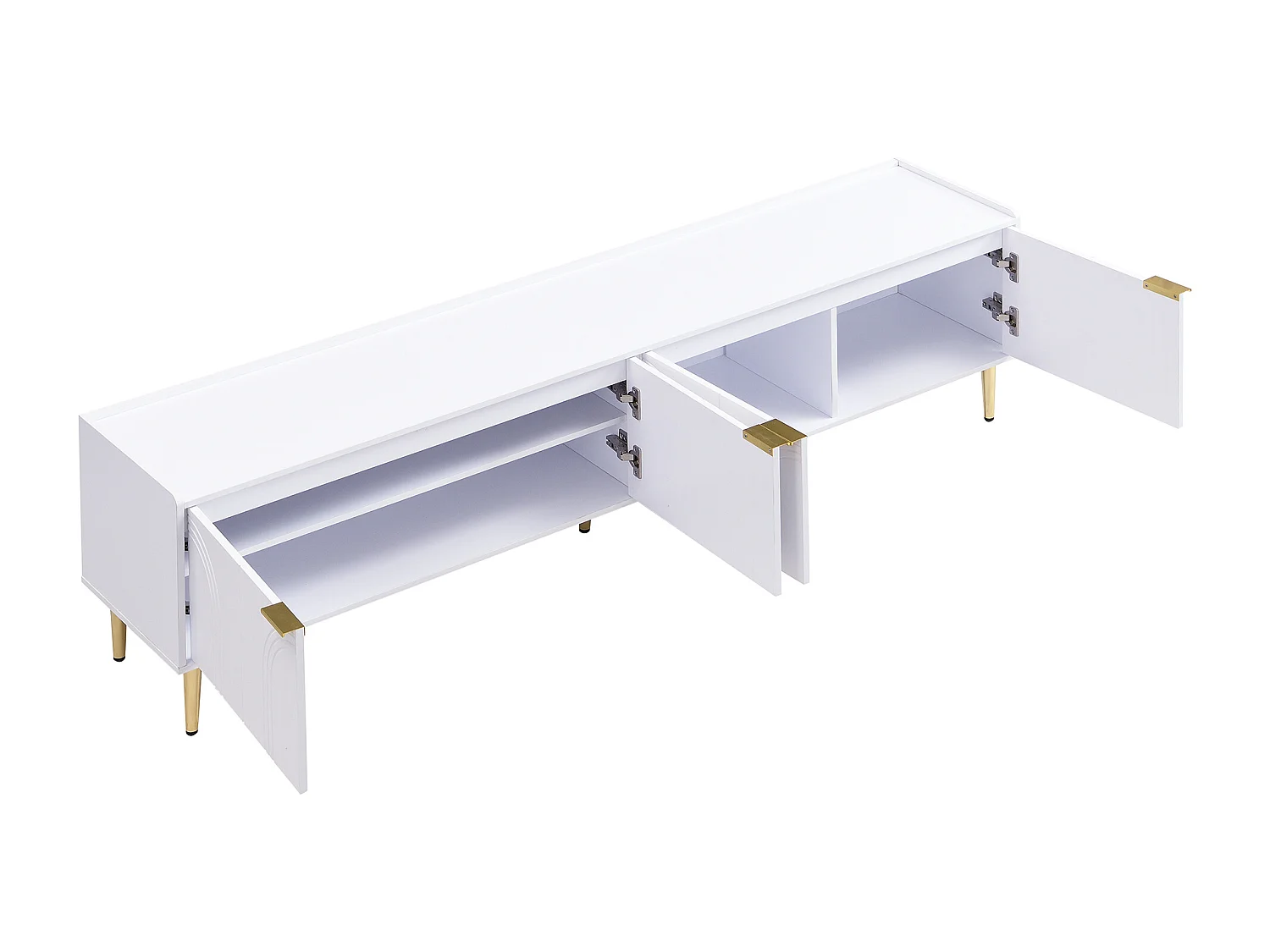 Meuble TV avec 4 portes texturées , pieds doré - Bois -Blanc