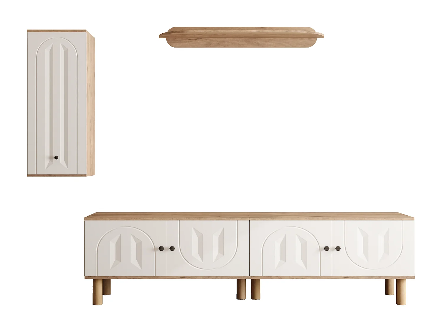 Mueble de TV, almacenaje y estantes de pared para salón, con 5 puertas, blanco y natural