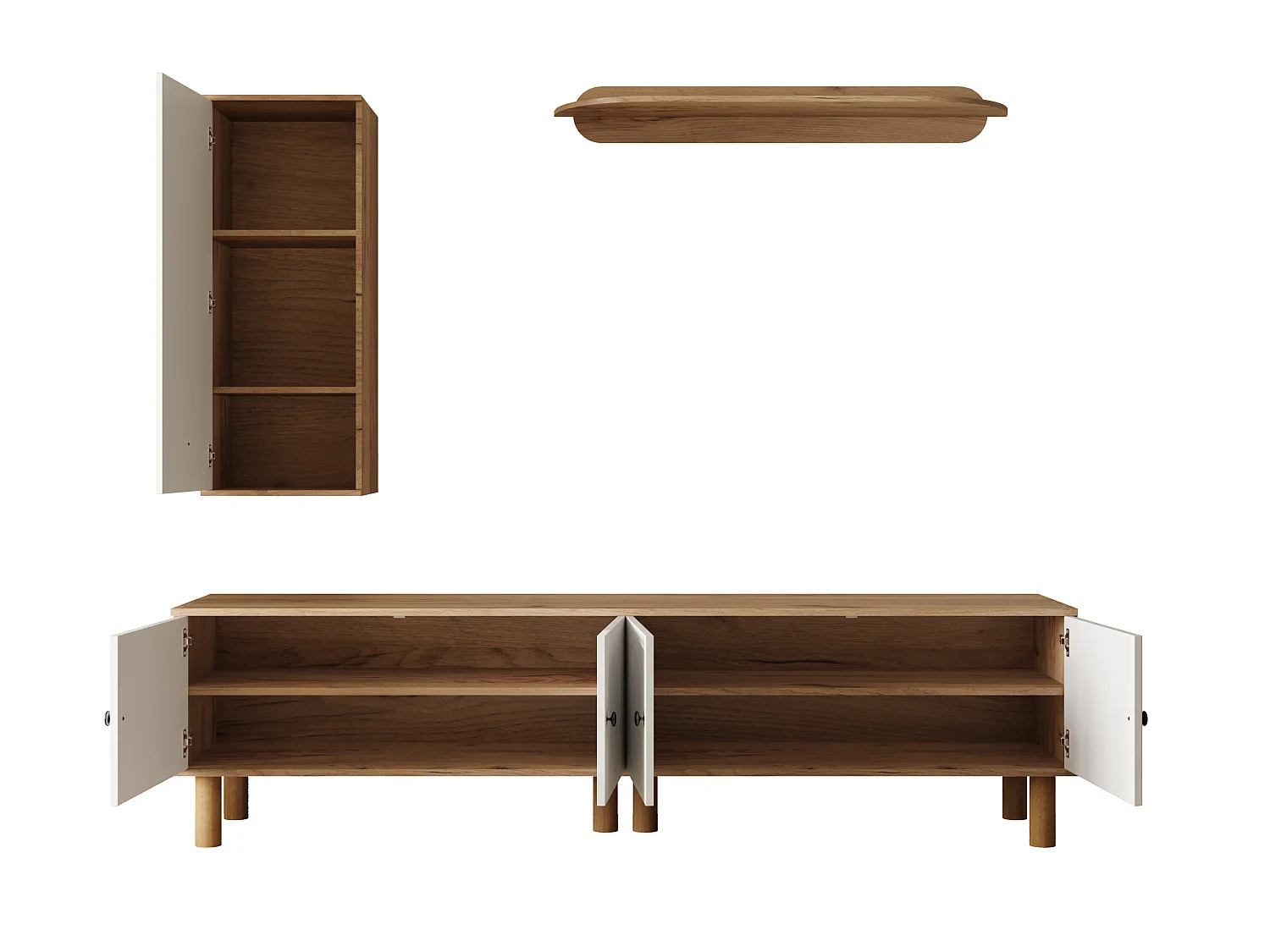 Mueble de TV, almacenaje y estantes de pared para salón, con 5 puertas, blanco y natural