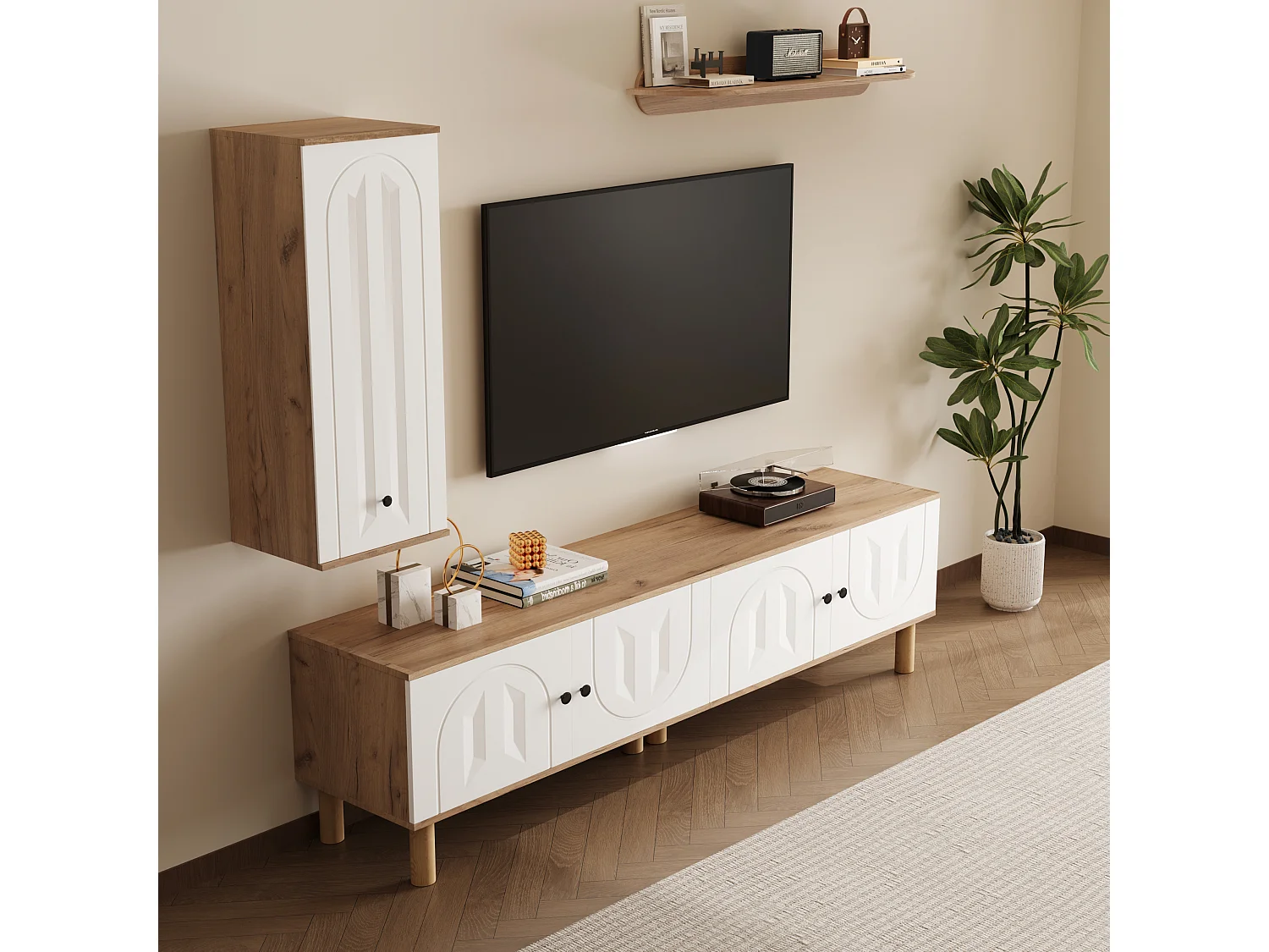 Mueble de TV, almacenaje y estantes de pared para salón, con 5 puertas, blanco y natural