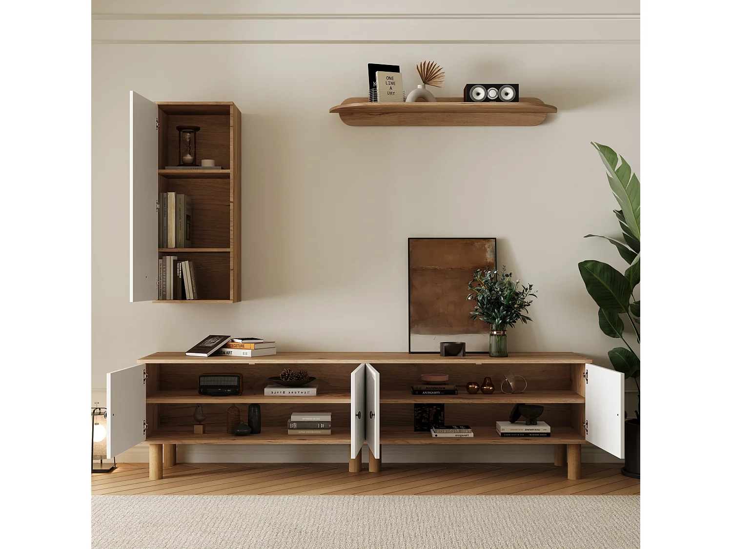 Meuble TV , rangement et étagères murales de salon , avec 5 portes, blanc et naturel