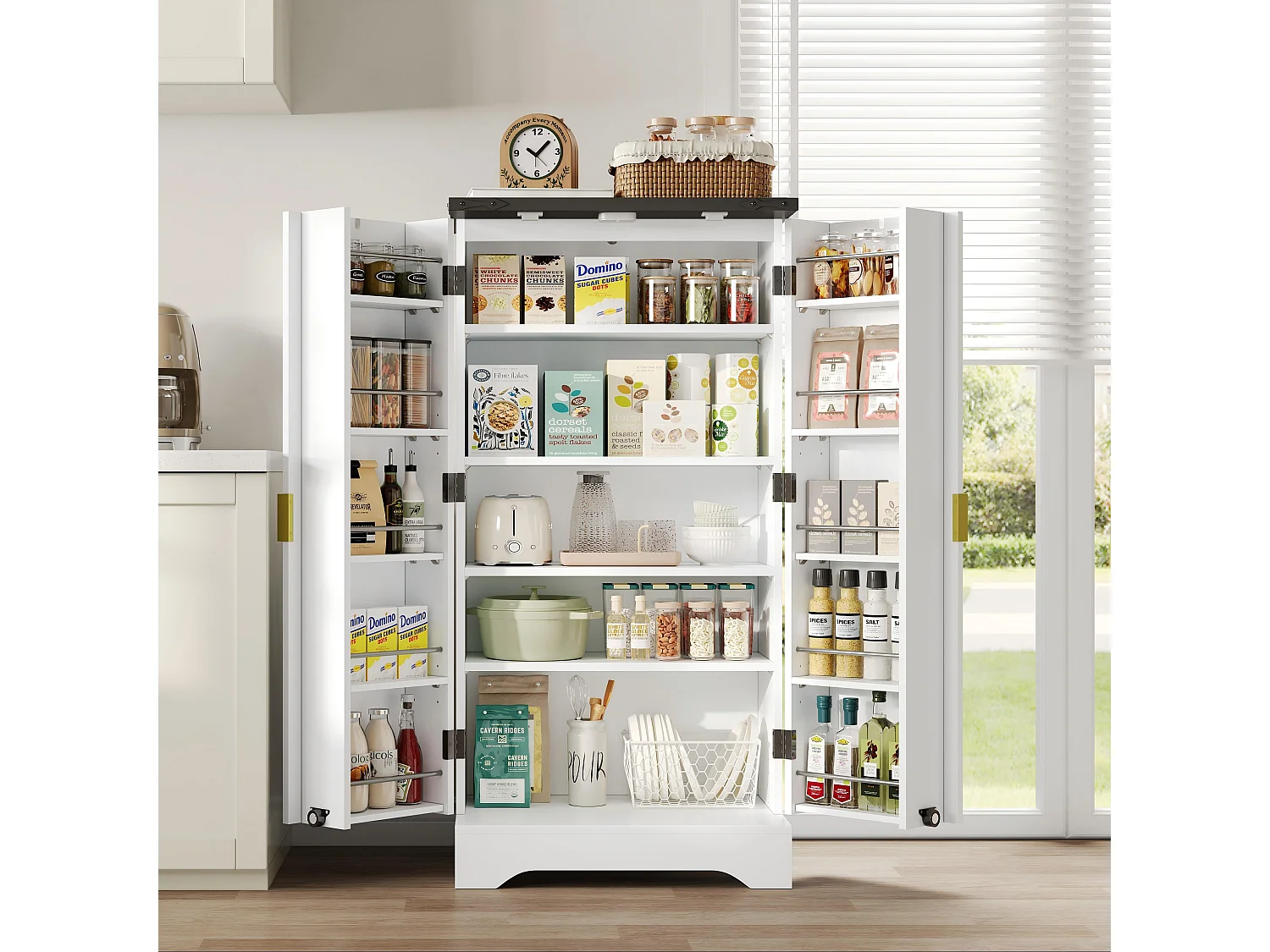 Aparador de cocina con 2 puertas y sensor LED - Puerta a rayas - Blanco