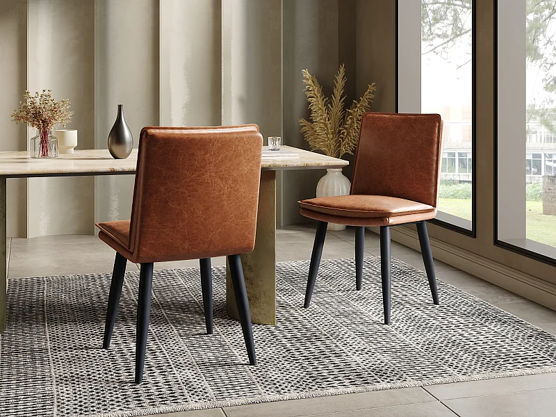 Lot de 2 chaises avec coussins d'assise à 2 couche - simili cuir PU et métal - Marron