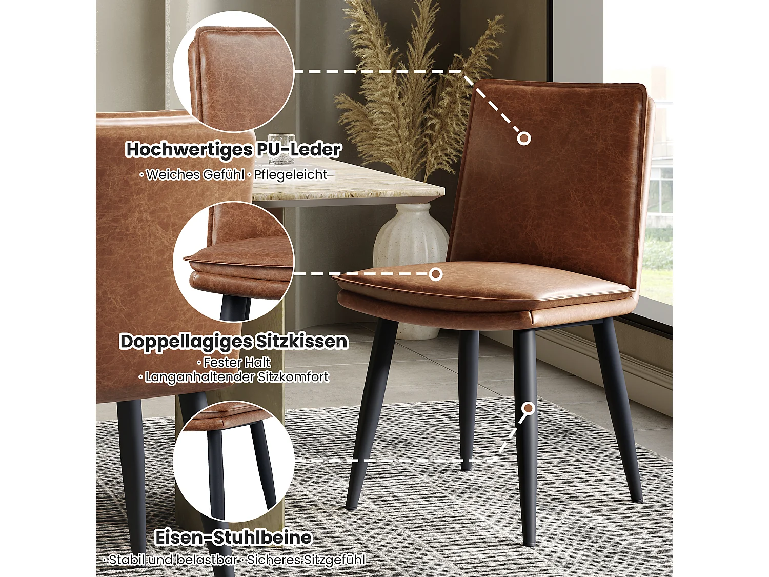 Lot de 2 chaises avec coussins d'assise à 2 couche - simili cuir PU et métal - Marron