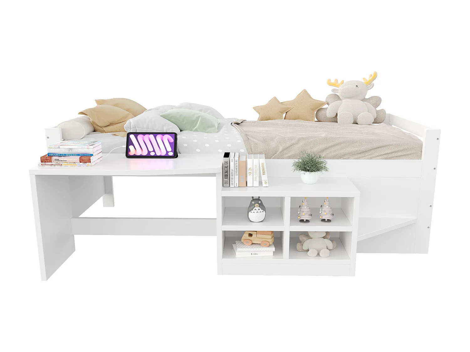 Cama infantil 90×200 cm com secretária, tomada elétrica e compartimentos de arrumação - Madeira branca