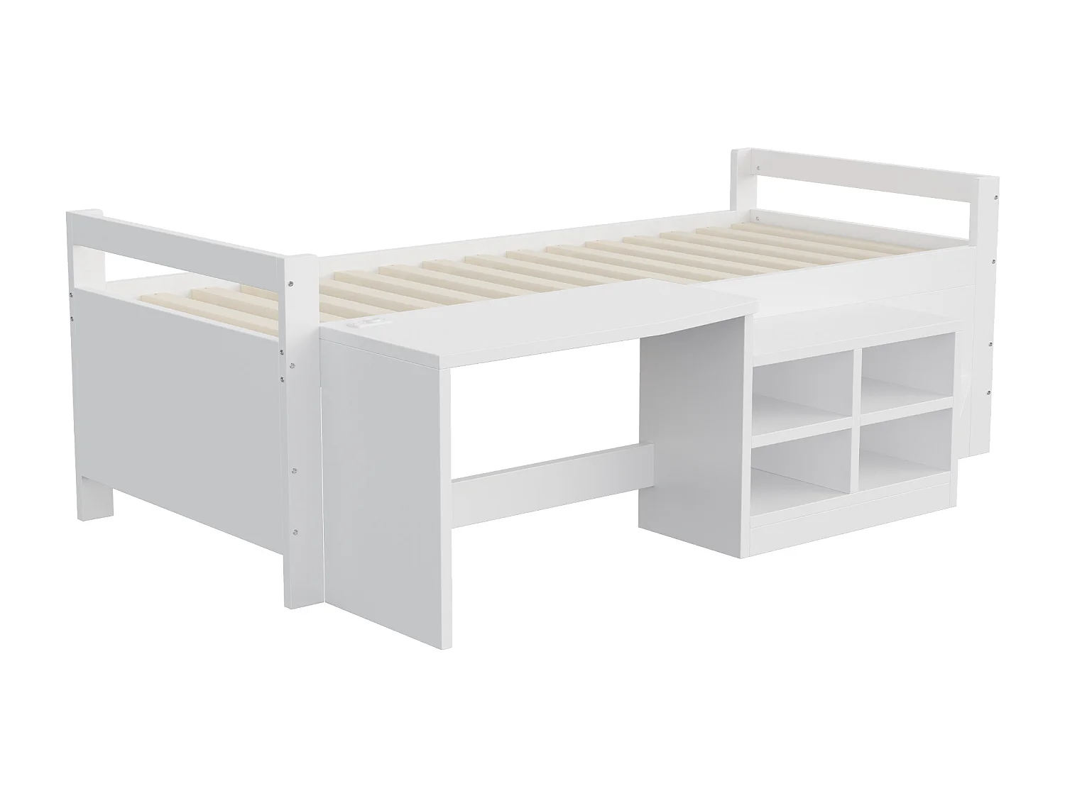 Cama infantil 90×200 cm com secretária, tomada elétrica e compartimentos de arrumação - Madeira branca