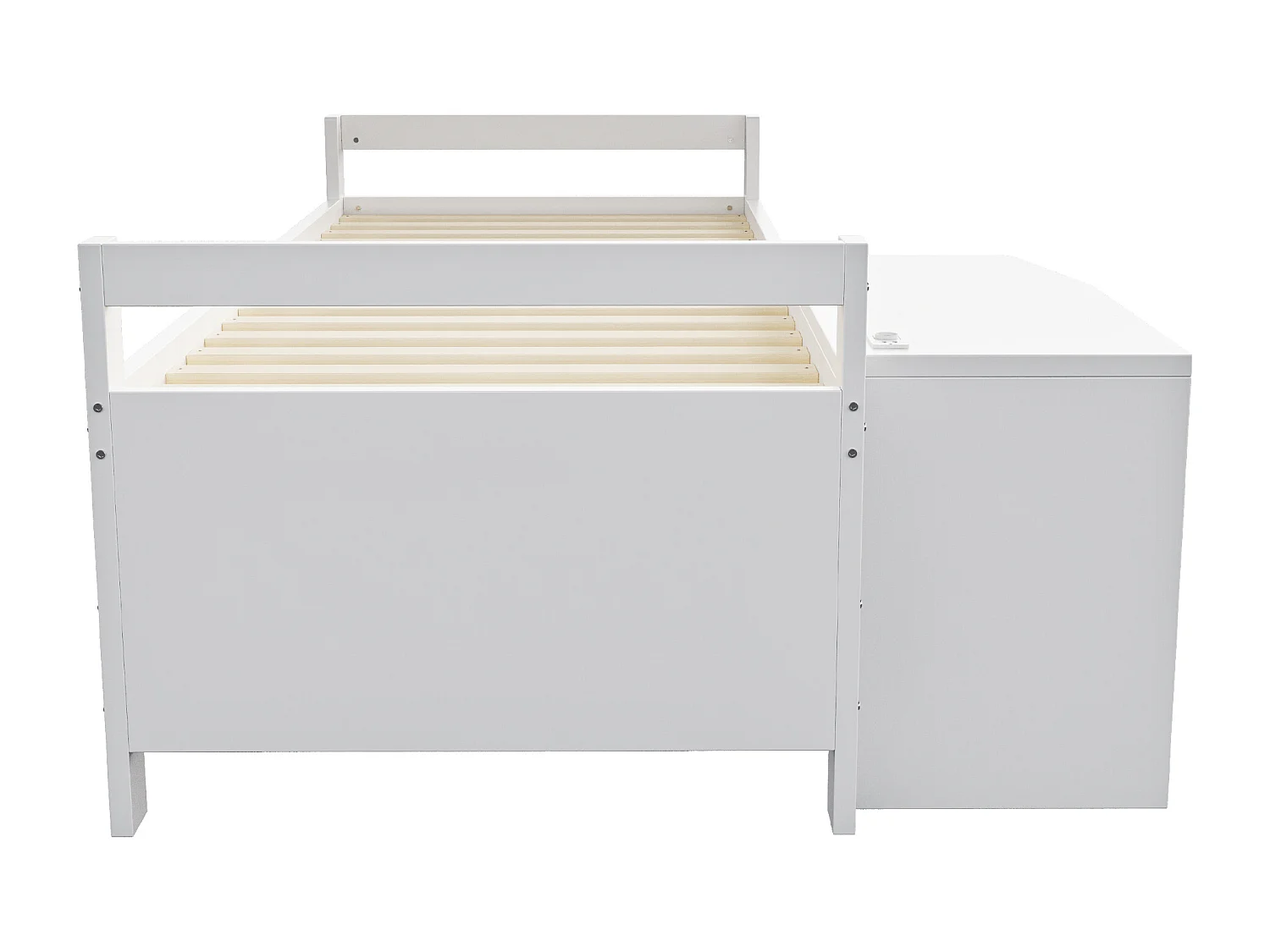 Cama infantil 90×200 cm com secretária, tomada elétrica e compartimentos de arrumação - Madeira branca