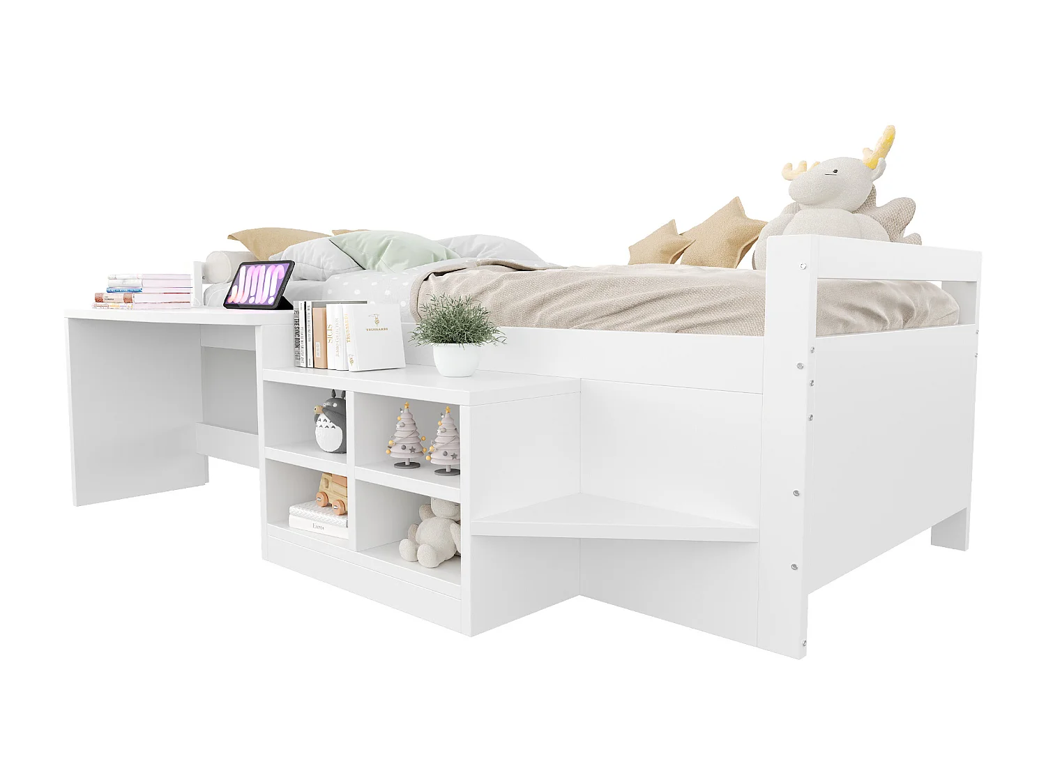 Cama infantil 90×200 cm com secretária, tomada elétrica e compartimentos de arrumação - Madeira branca