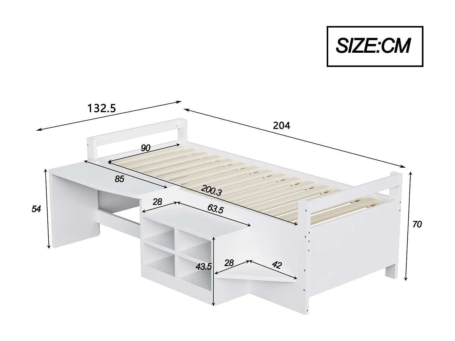 Barnsäng 90x200 cm med skrivbord, eluttag och förvaringsfack - Vitt trä