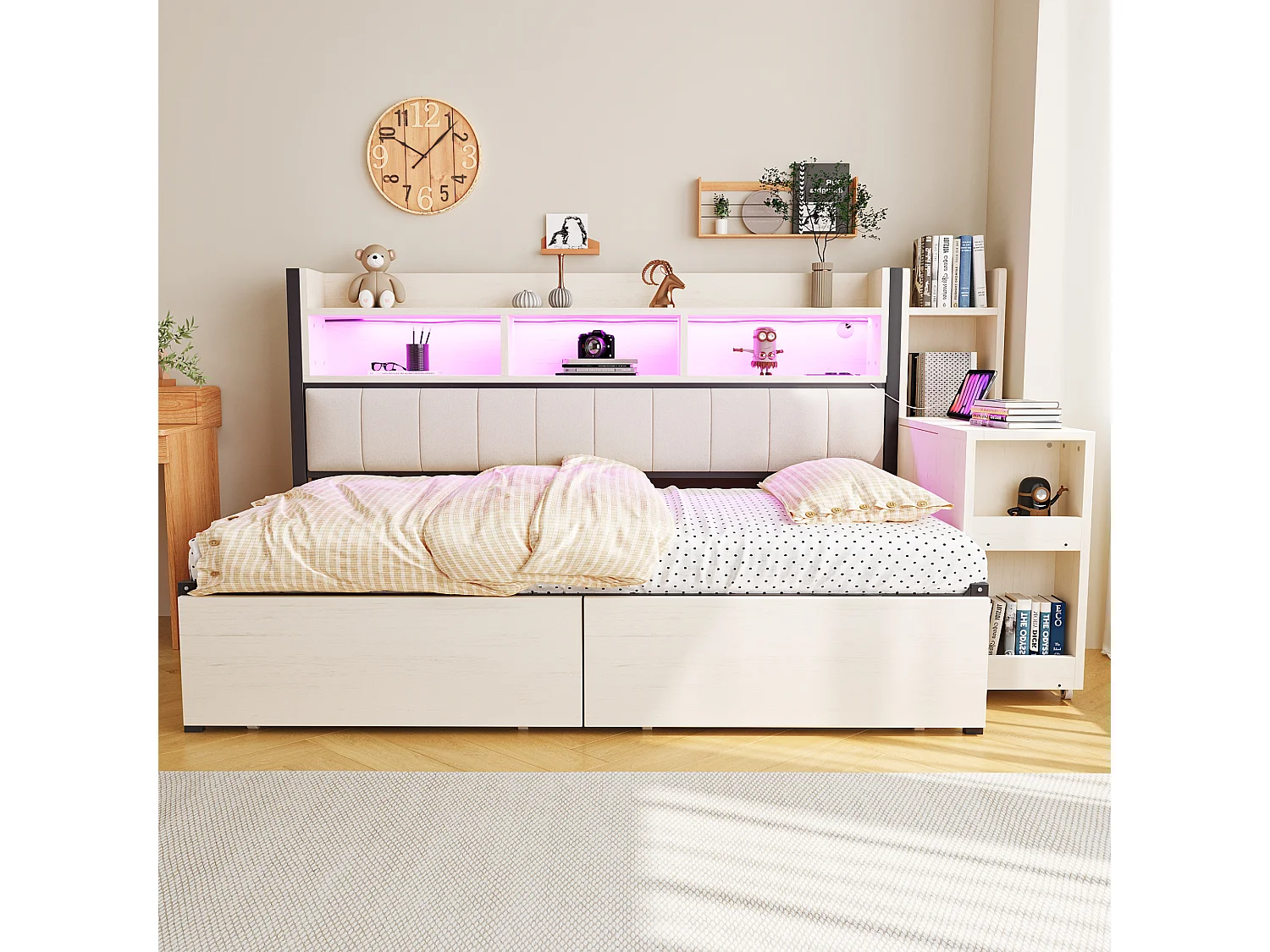 Divano letto 90x200cm con 2 cassetti, prese e illuminazione a LED, scrivania scorrevole, bianco