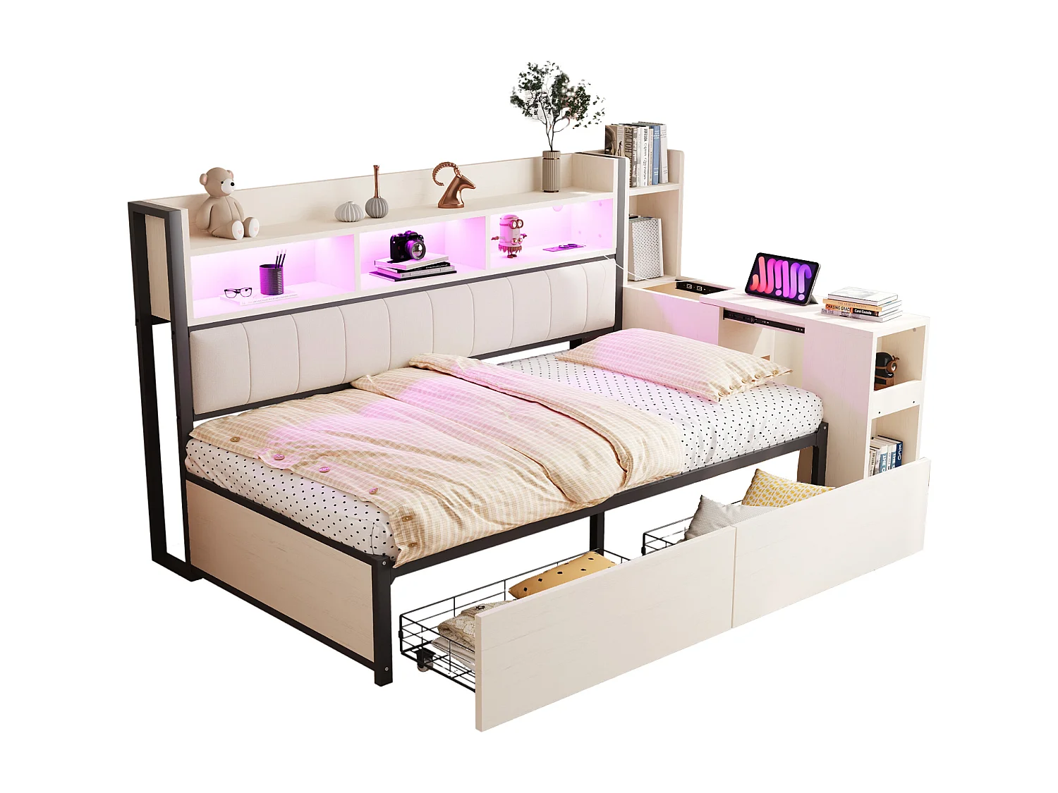 Divano letto 90x200cm con 2 cassetti, prese e illuminazione a LED, scrivania scorrevole, bianco