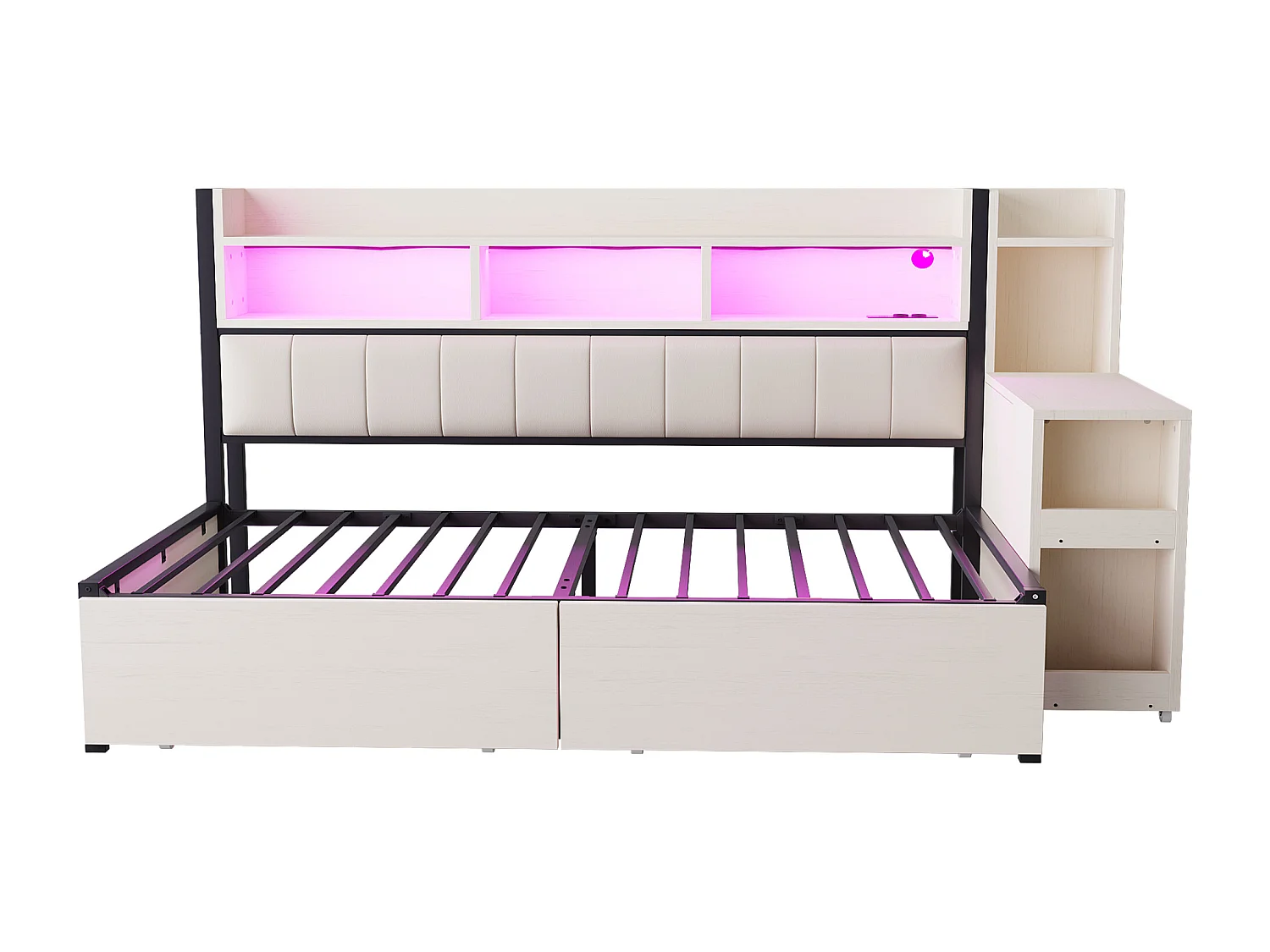 Divano letto 90x200cm con 2 cassetti, prese e illuminazione a LED, scrivania scorrevole, bianco