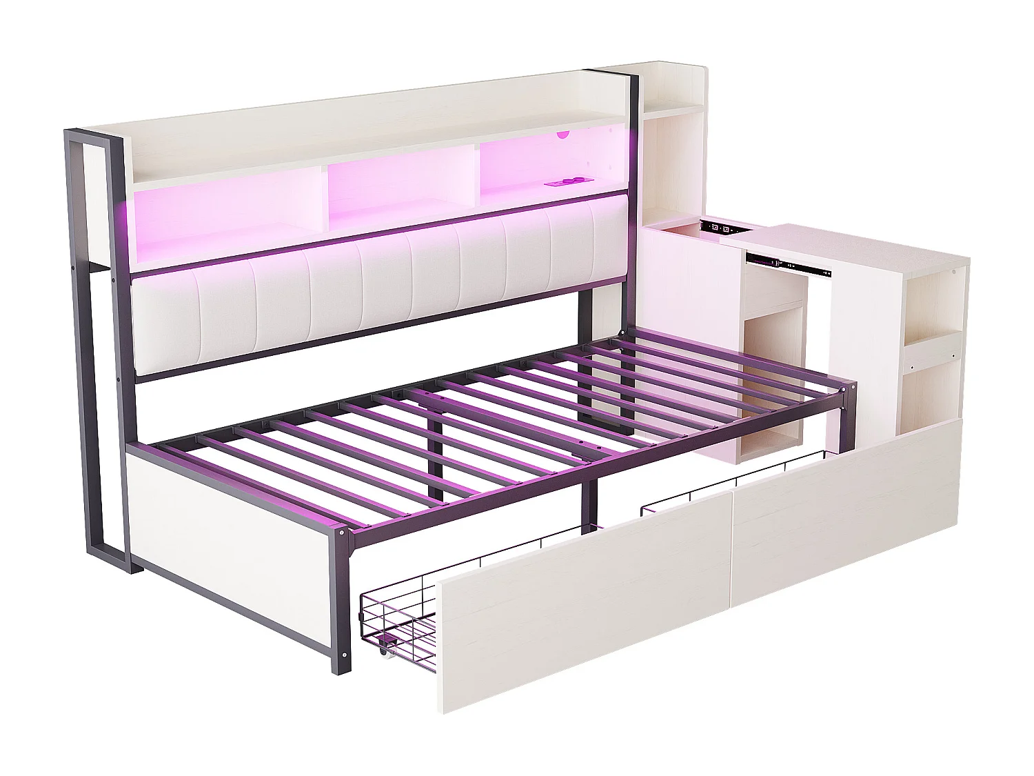 Divano letto 90x200cm con 2 cassetti, prese e illuminazione a LED, scrivania scorrevole, bianco