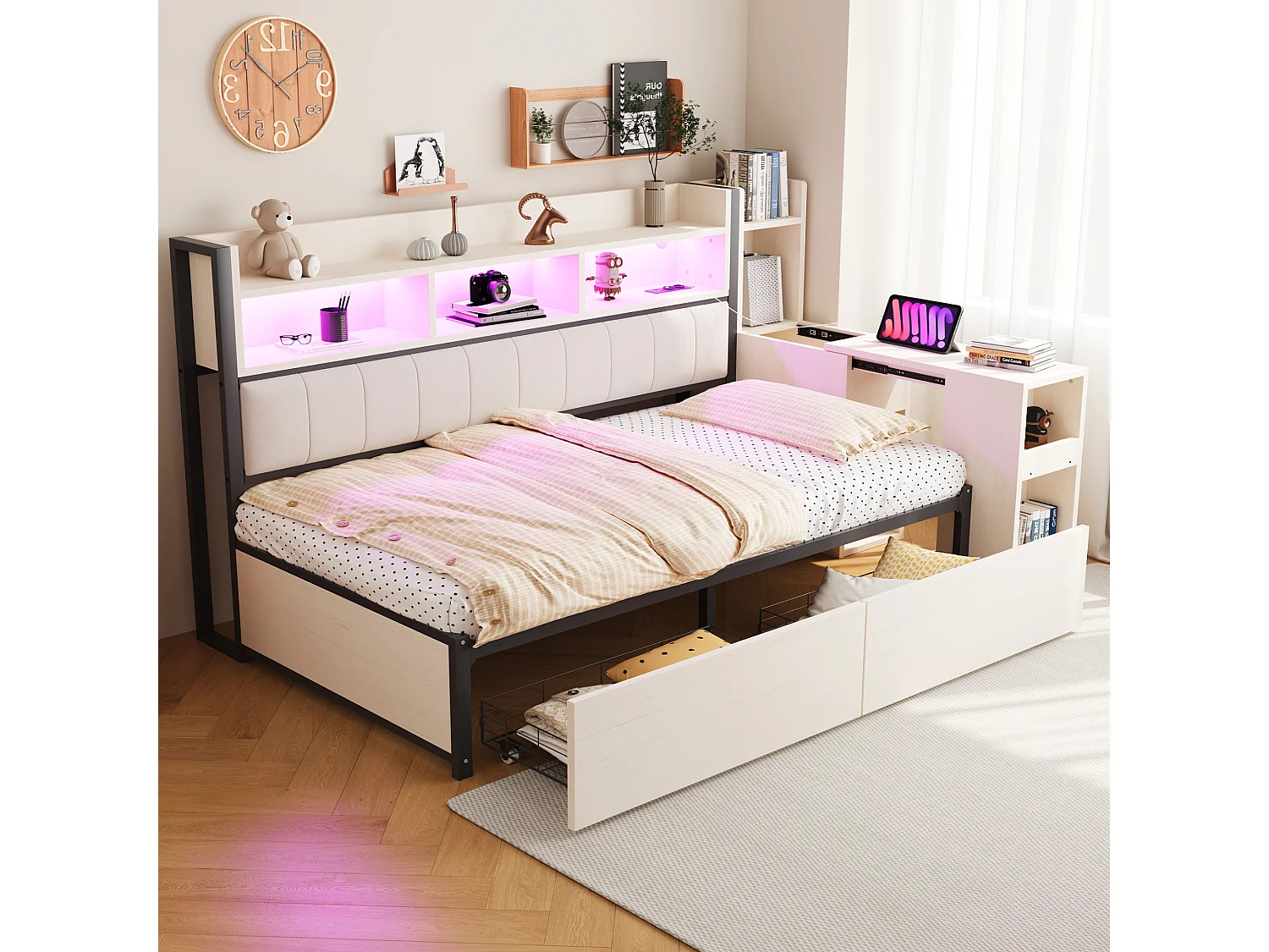 Lit banquette 90x200cm avec 2 tiroirs, prises et éclairage LED, bureau coulissant, blanc