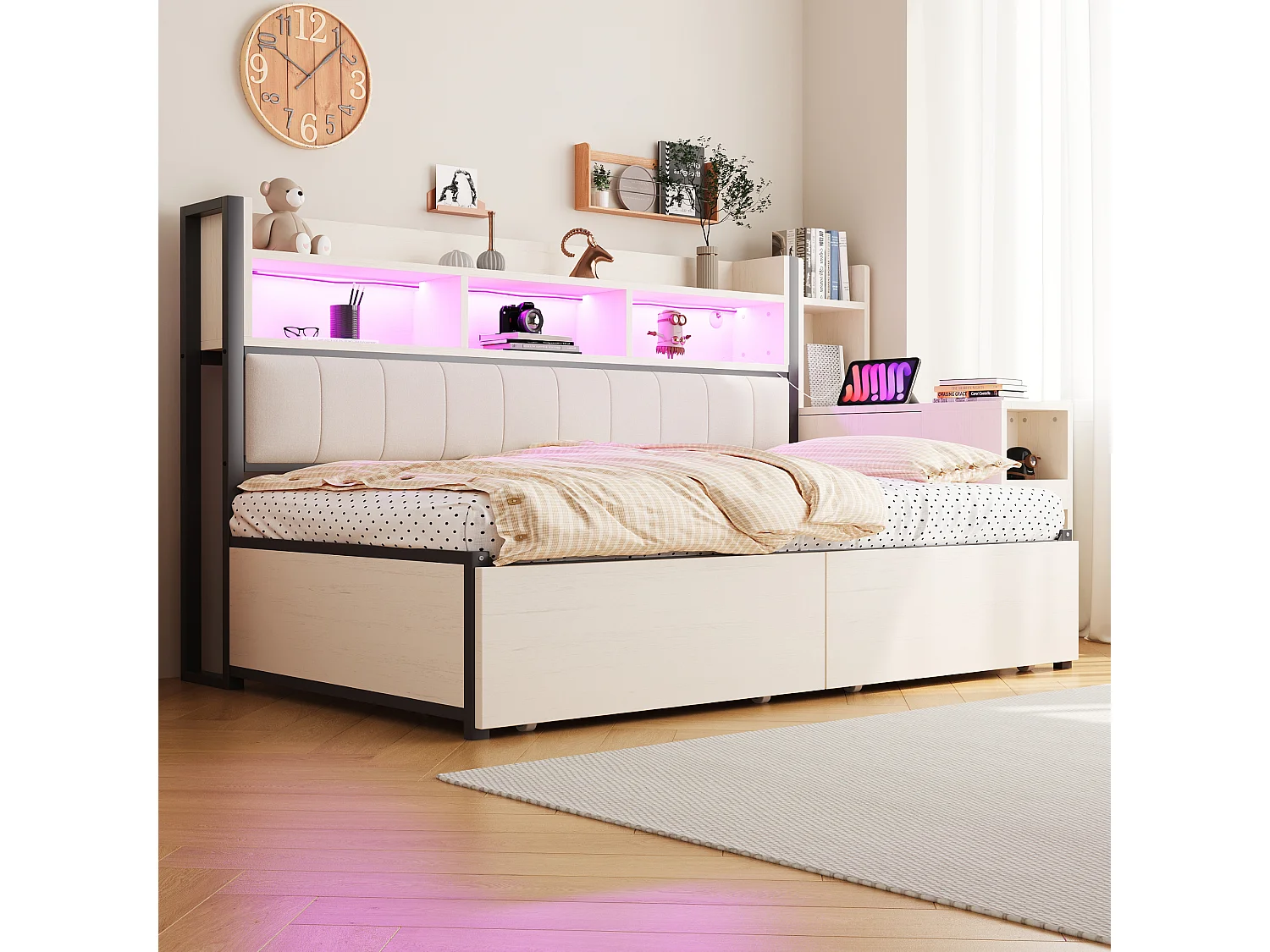 Lit banquette 90x200cm avec 2 tiroirs, prises et éclairage LED, bureau coulissant, blanc