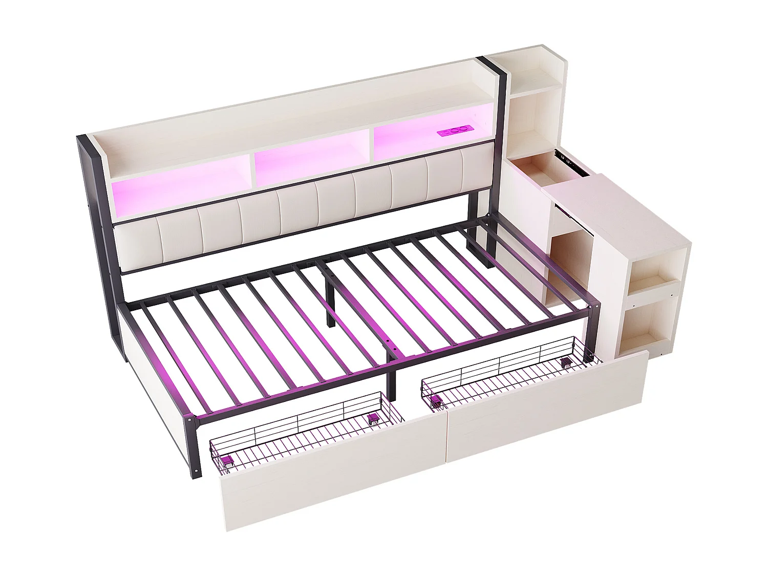 Lit banquette 90x200cm avec 2 tiroirs, prises et éclairage LED, bureau coulissant, blanc