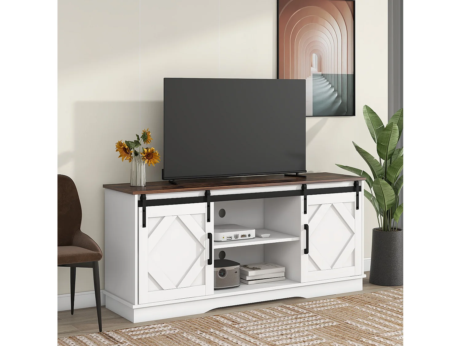 Meuble TV avec 2 portes coulissantes - finition en placage de bois foncé -Blanc