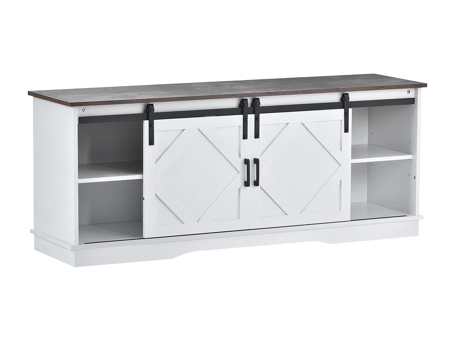 Meuble TV avec 2 portes coulissantes - finition en placage de bois foncé -Blanc