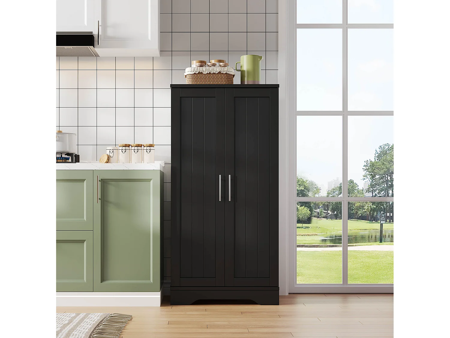 Buffet de cuisine avec 2 portes et détection par LED - étagères réglables - Noir