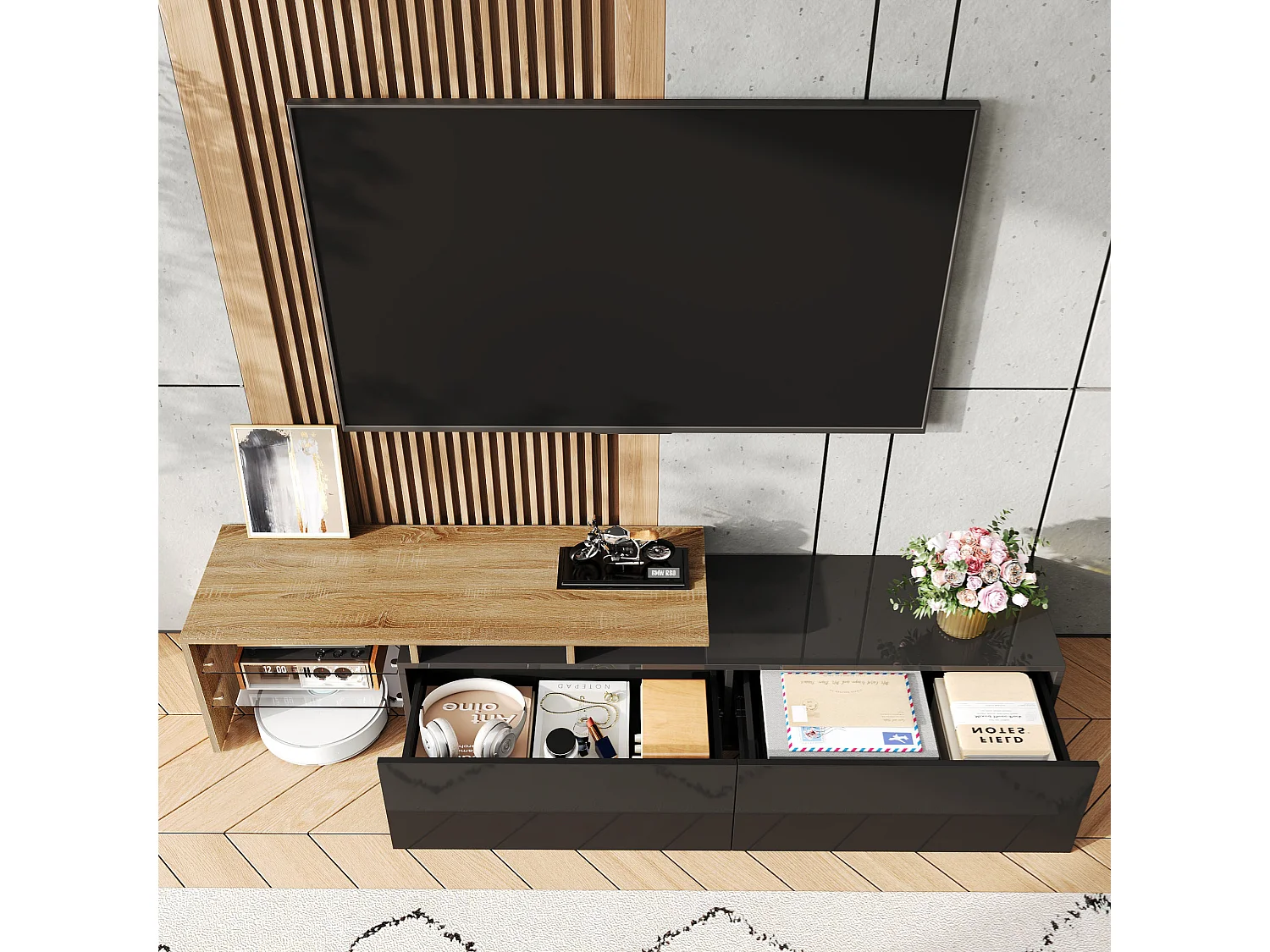 Meuble TV avec 2 tiroirs, 2 étagères en verre et lumières LED , finition brillante noir