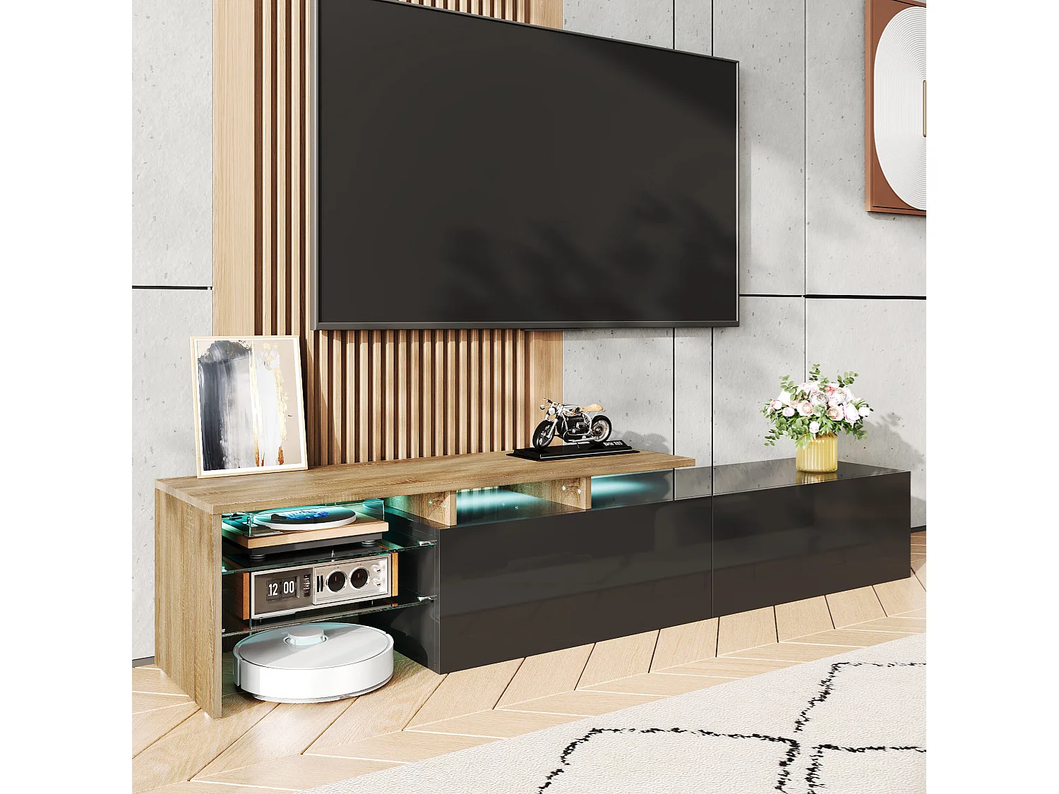 Meuble TV avec 2 tiroirs, 2 étagères en verre et lumières LED , finition brillante noir