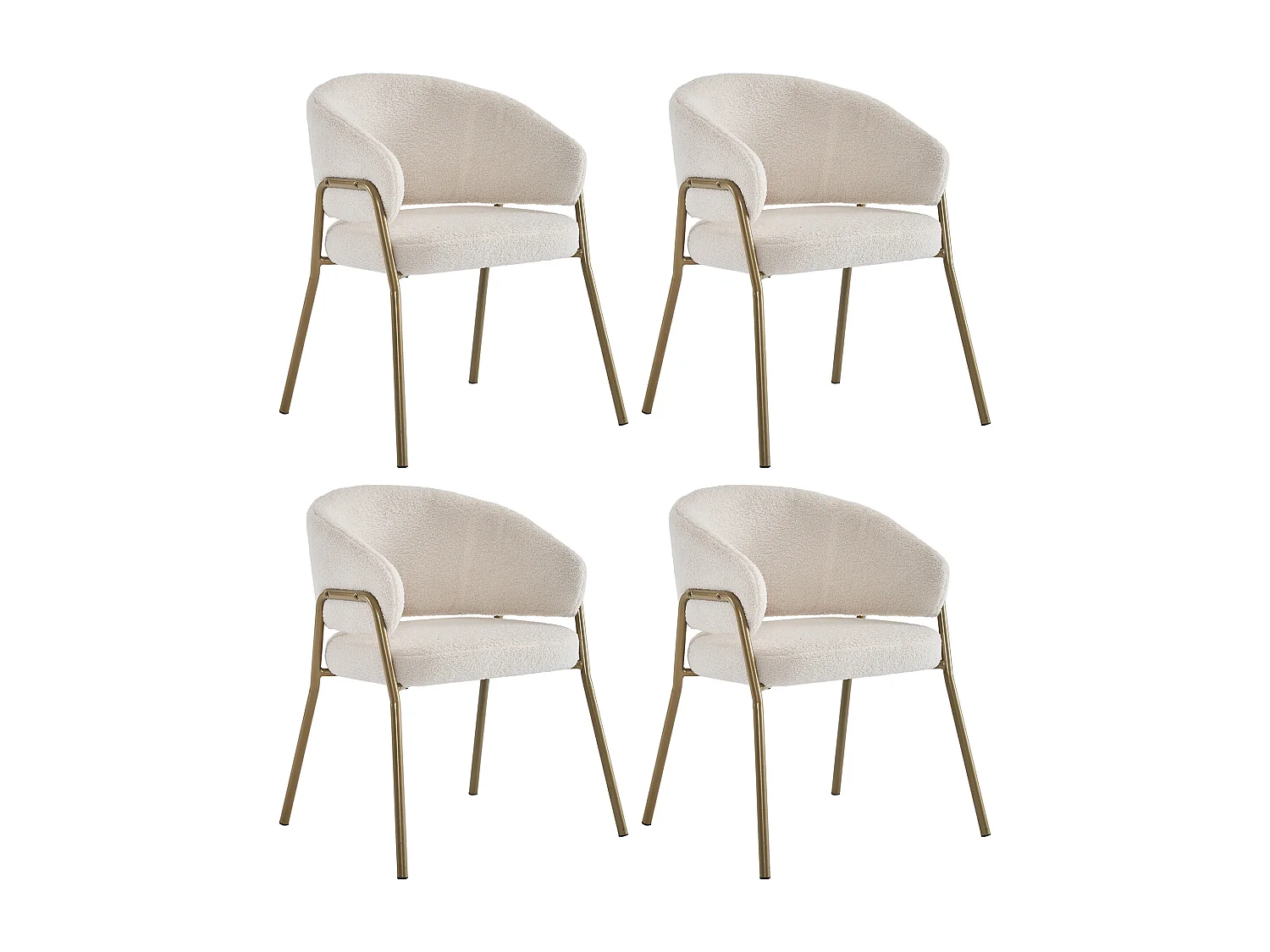 Lot de 4 chaises avec pieds en métal doré - Tissu pelucheux imitation laine - Blanc