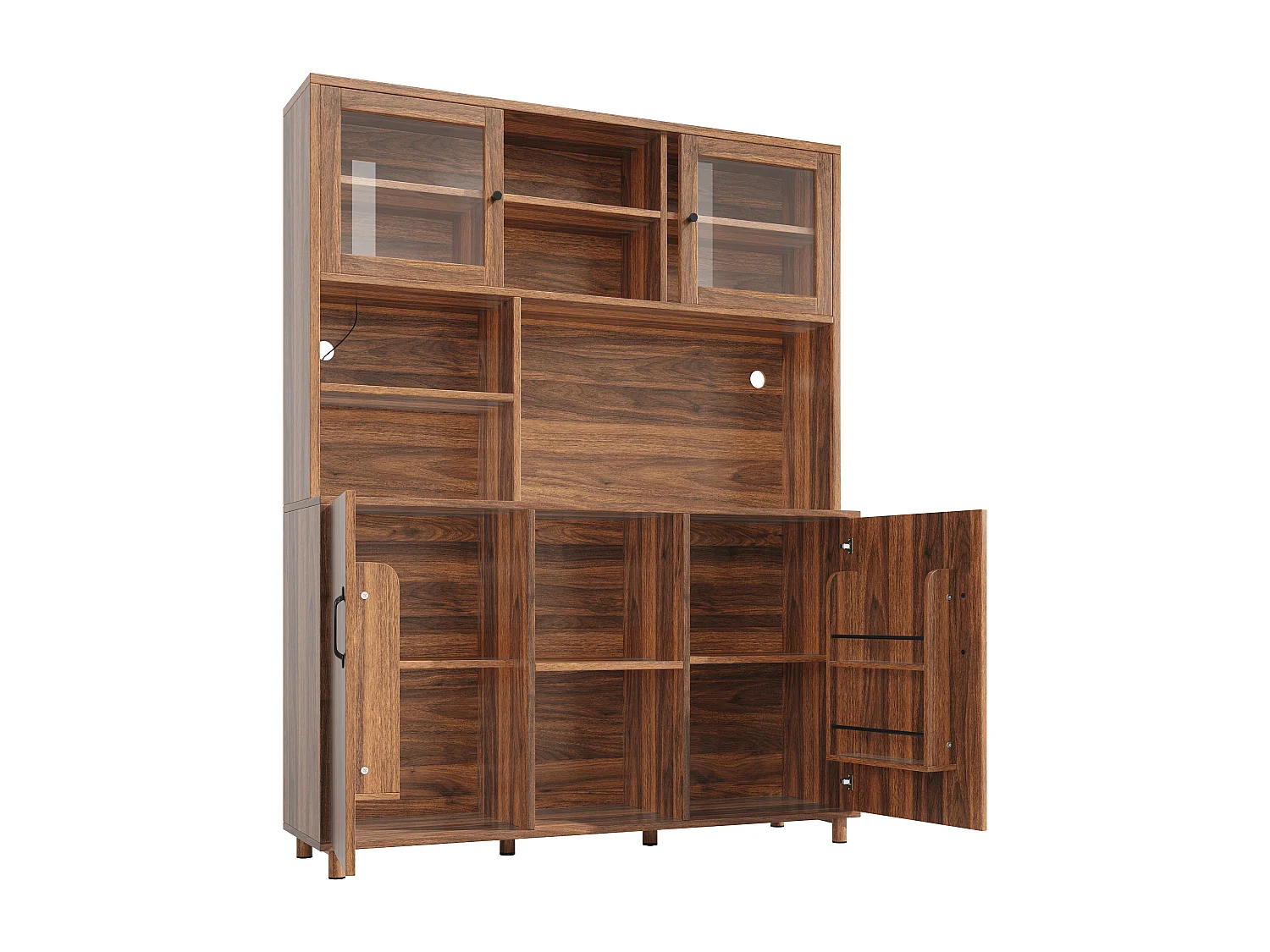 Buffet de cuisine avec LED, 2 portes et 2 portes verre coulissantes - Brun noyer