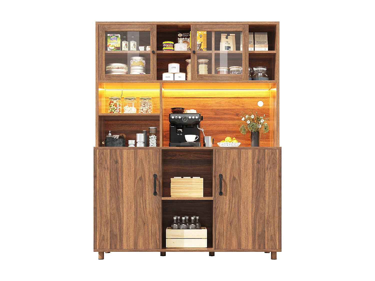 Buffet de cuisine avec LED, 2 portes et 2 portes verre coulissantes - Brun noyer