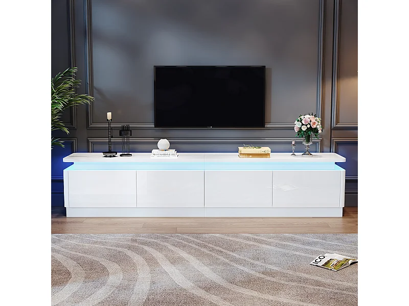 Móvel para TV com 4 gavetas, iluminação LED, acabamento lacado brilhante, branco