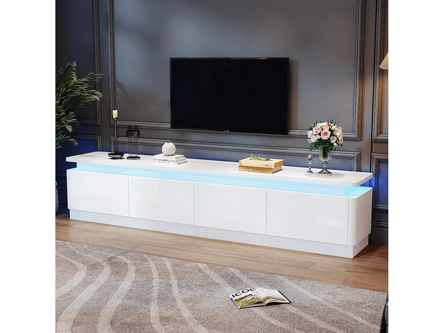 Meuble TV avec 4 tiroirs, éclairage LED, finition laquée brillante, blanc