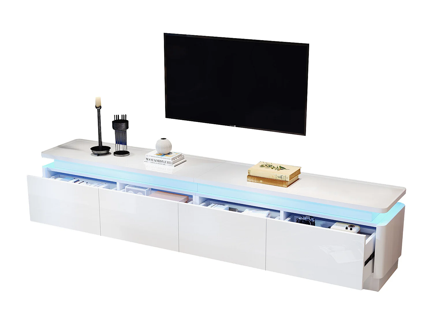 Meuble TV avec 4 tiroirs, éclairage LED, finition laquée brillante, blanc