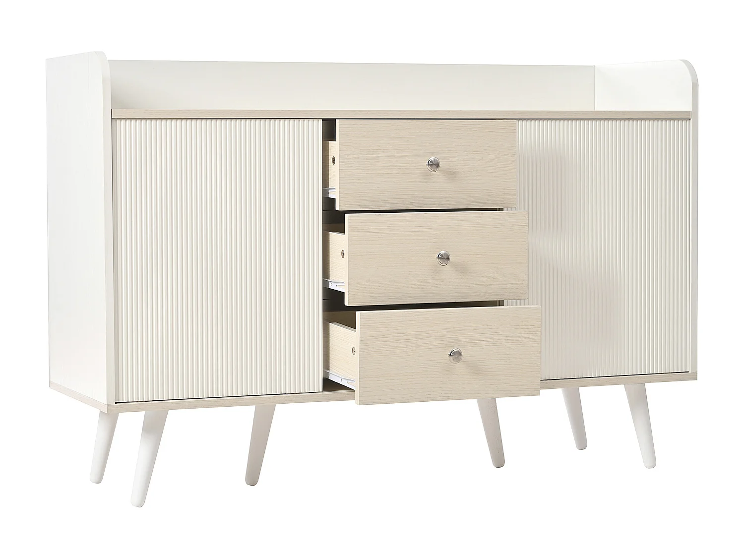 Buffet blanc avec 3 tiroirs et 2 portes coulissantes - Portes rayées - MDF