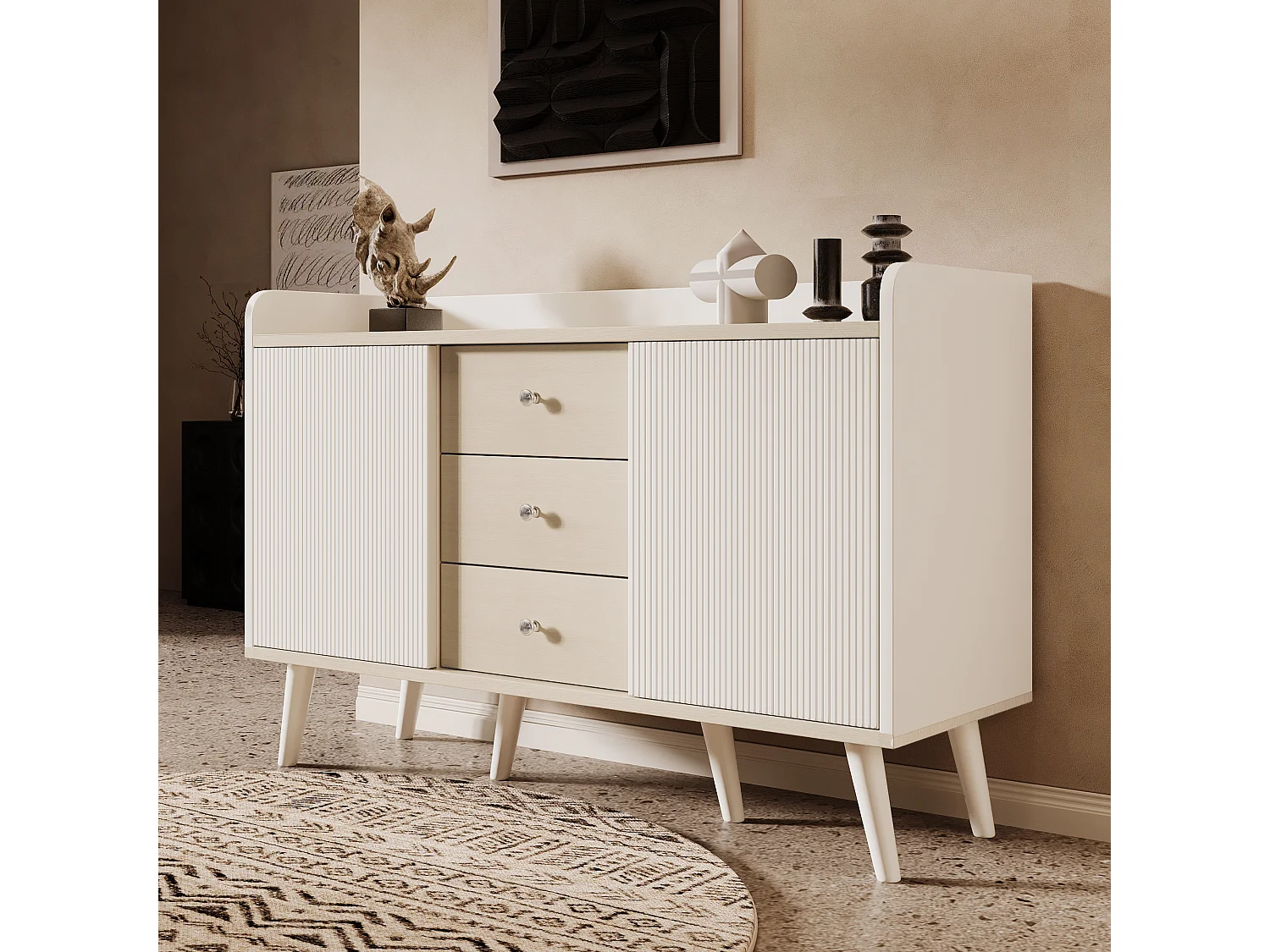 Buffet blanc avec 3 tiroirs et 2 portes coulissantes - Portes rayées - MDF