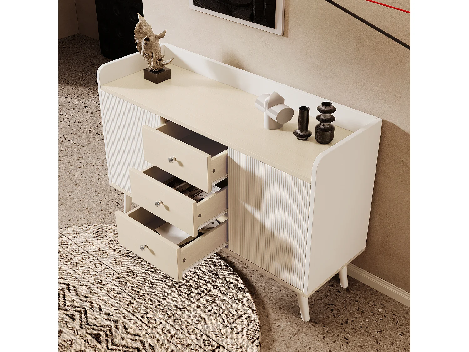 Buffet blanc avec 3 tiroirs et 2 portes coulissantes - Portes rayées - MDF