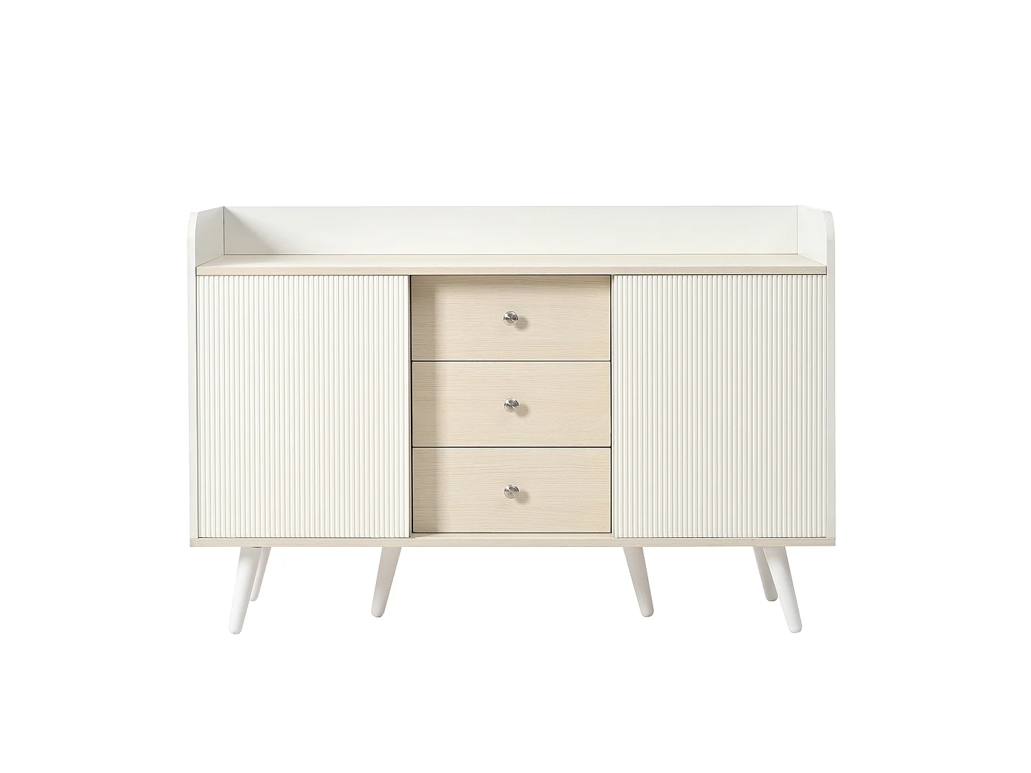 Buffet blanc avec 3 tiroirs et 2 portes coulissantes - Portes rayées - MDF