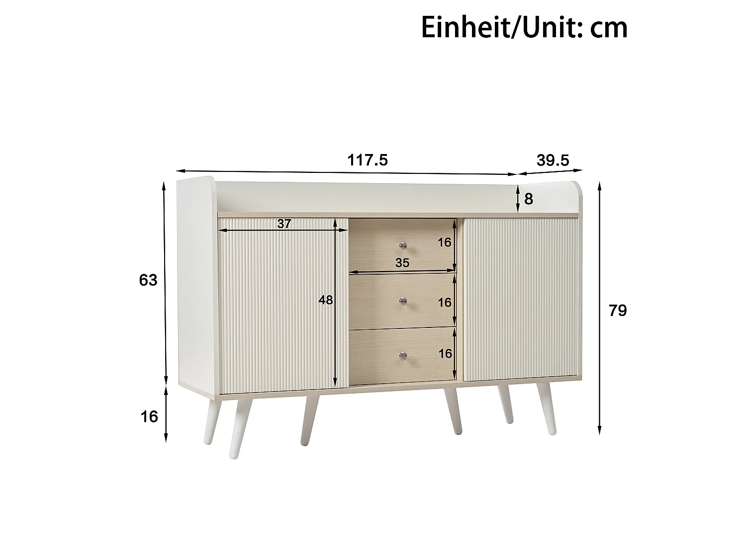 Buffet blanc avec 3 tiroirs et 2 portes coulissantes - Portes rayées - MDF