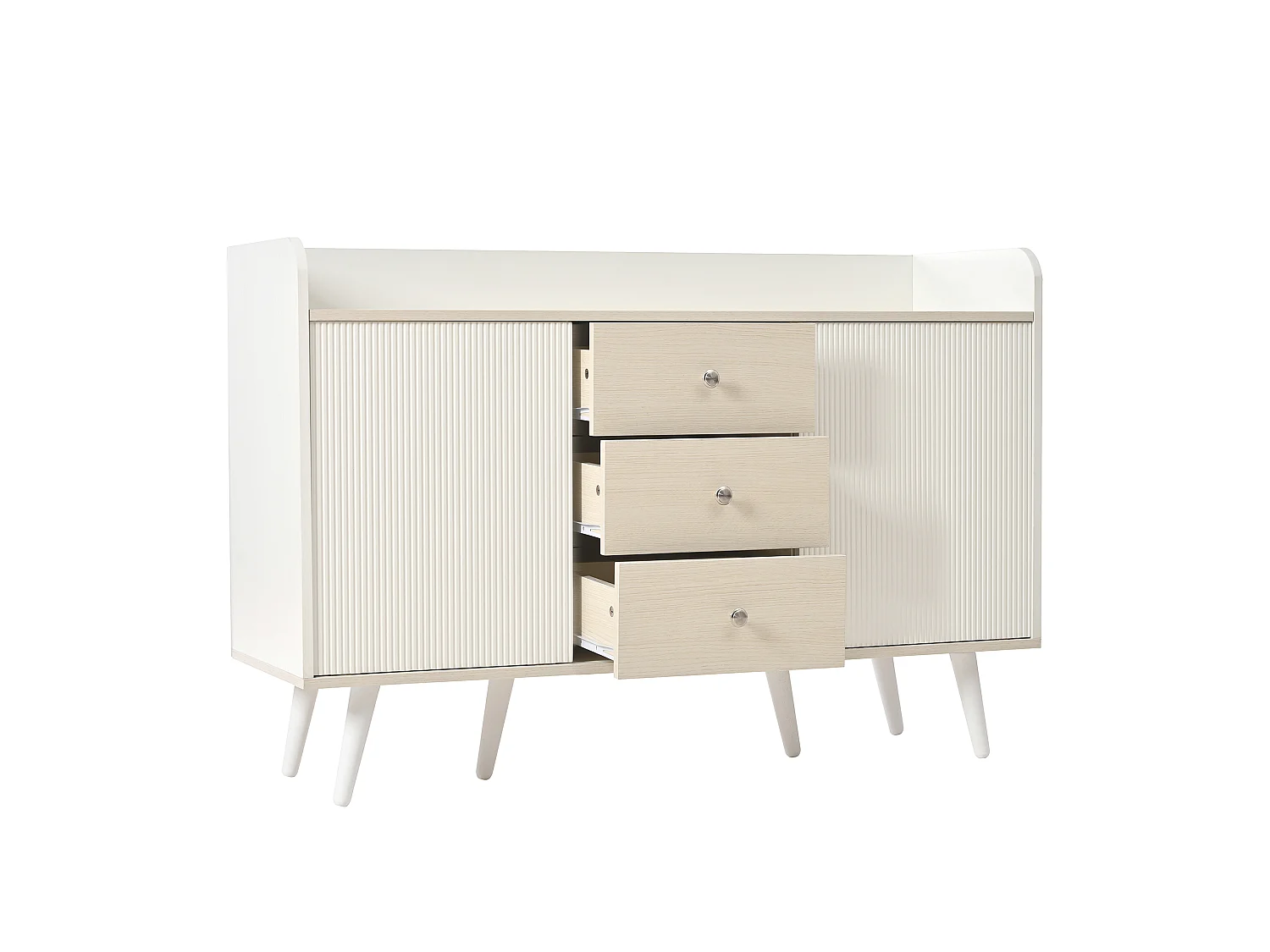 Buffet blanc avec 3 tiroirs et 2 portes coulissantes - Portes rayées - MDF
