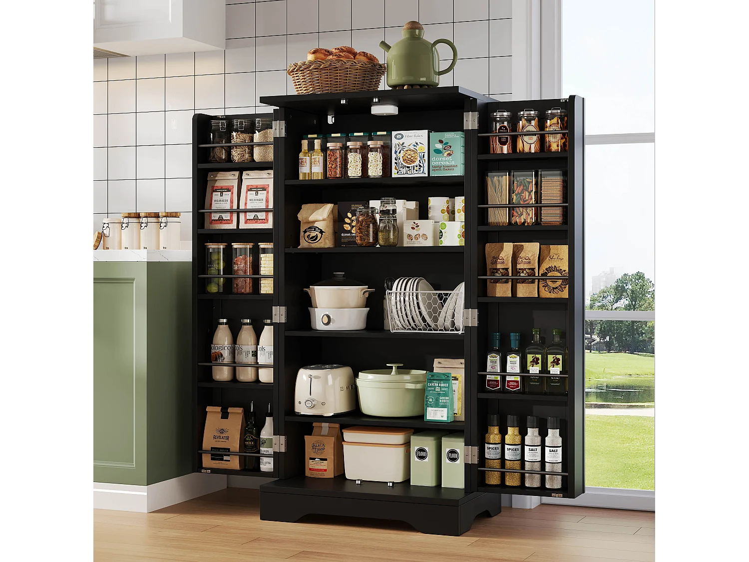 Credenza da cucina con 2 ante e rilevamento LED - Nero 60 x 40 x 120,5 cm