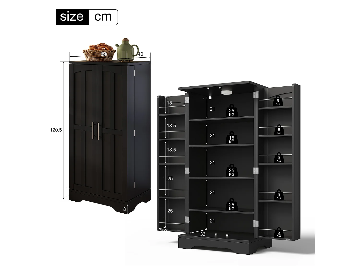 Credenza da cucina con 2 ante e rilevamento LED - Nero 60 x 40 x 120,5 cm