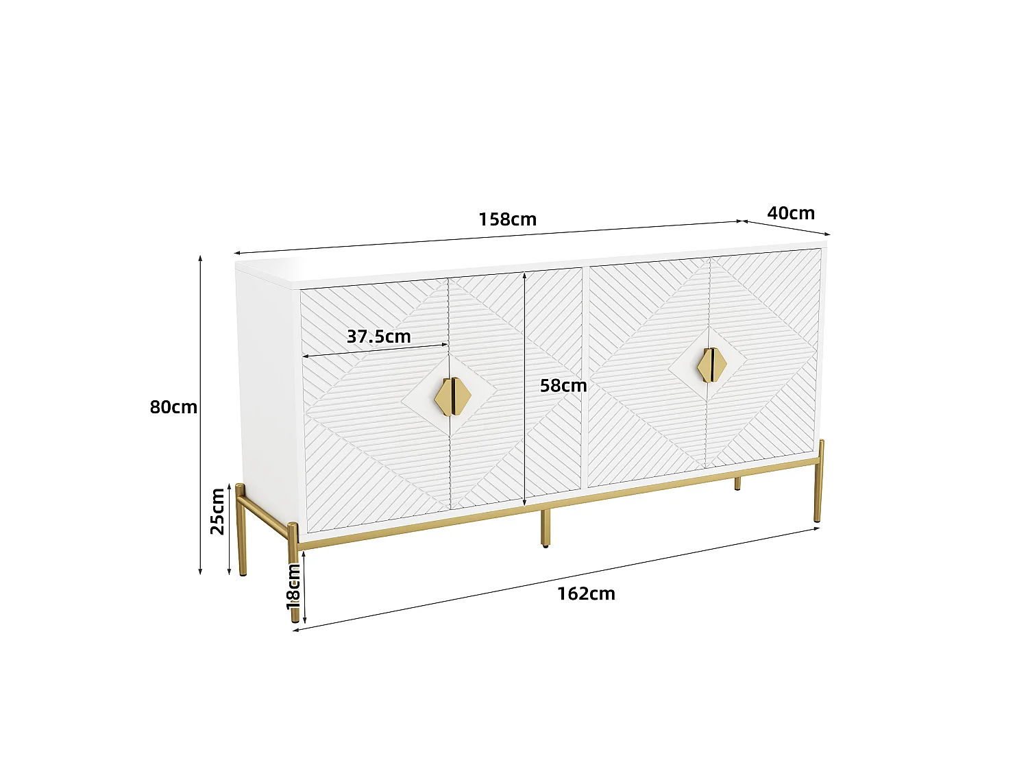 Buffet avec 4 portes, motifs géométriques - Blanc et doré