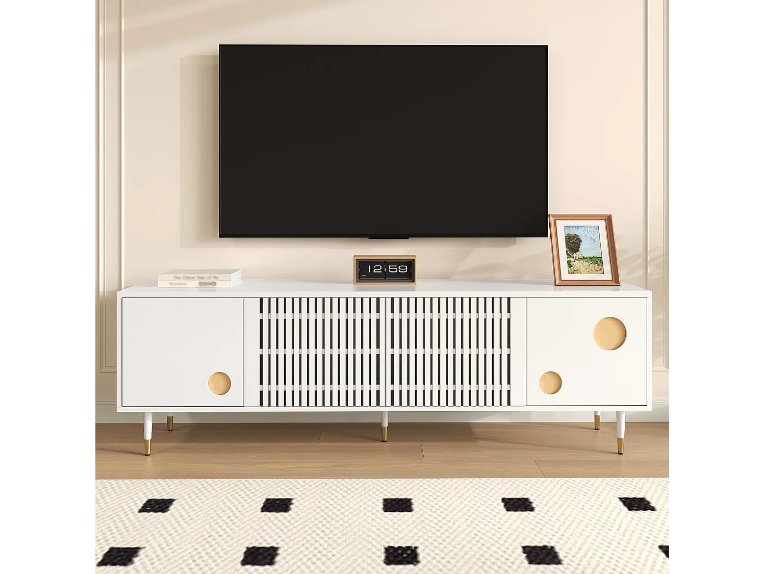 Mueble de TV con 4 puertas, puerta de rejilla, blanco