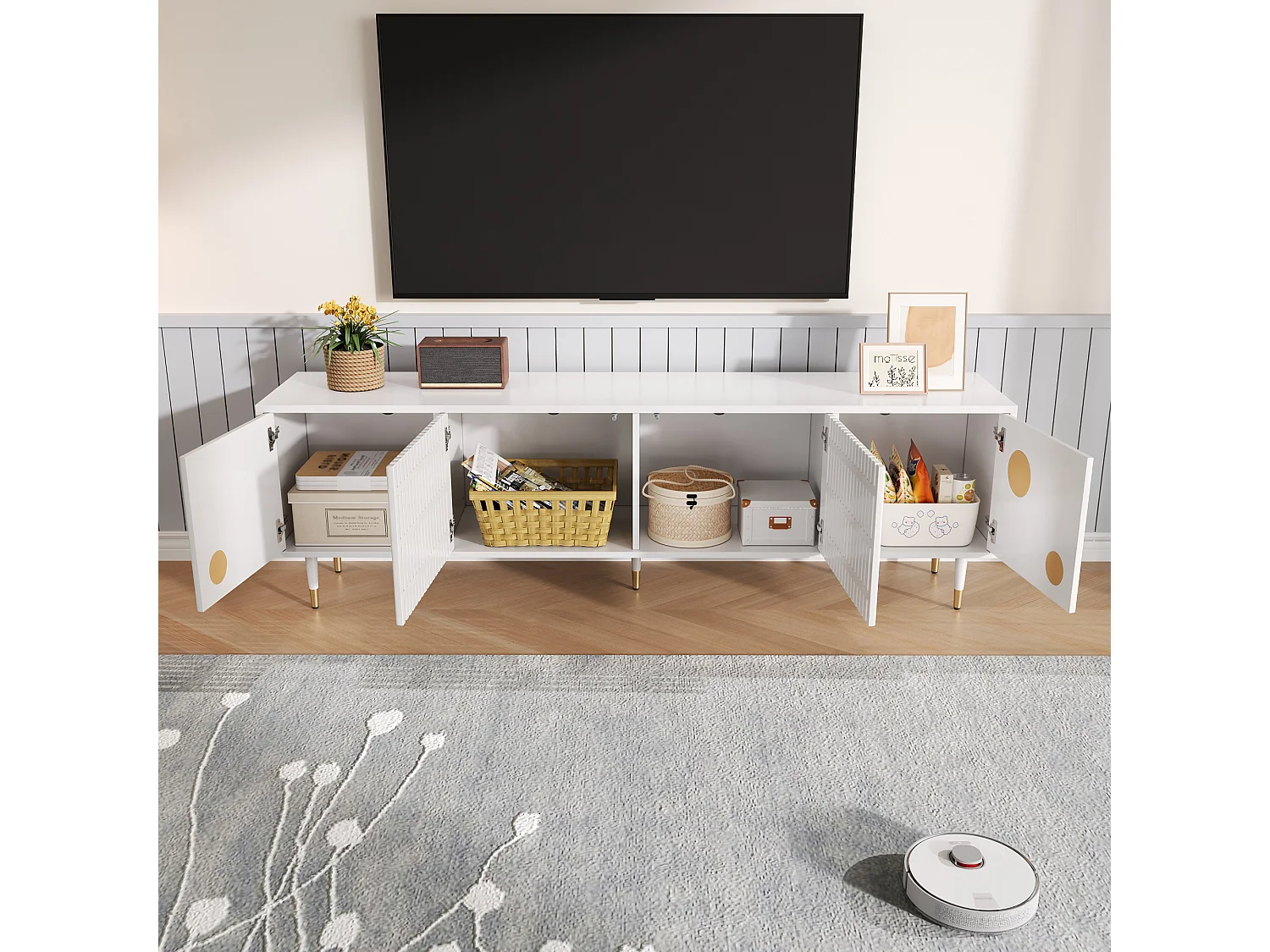 Mueble de TV con 4 puertas, puerta de rejilla, blanco