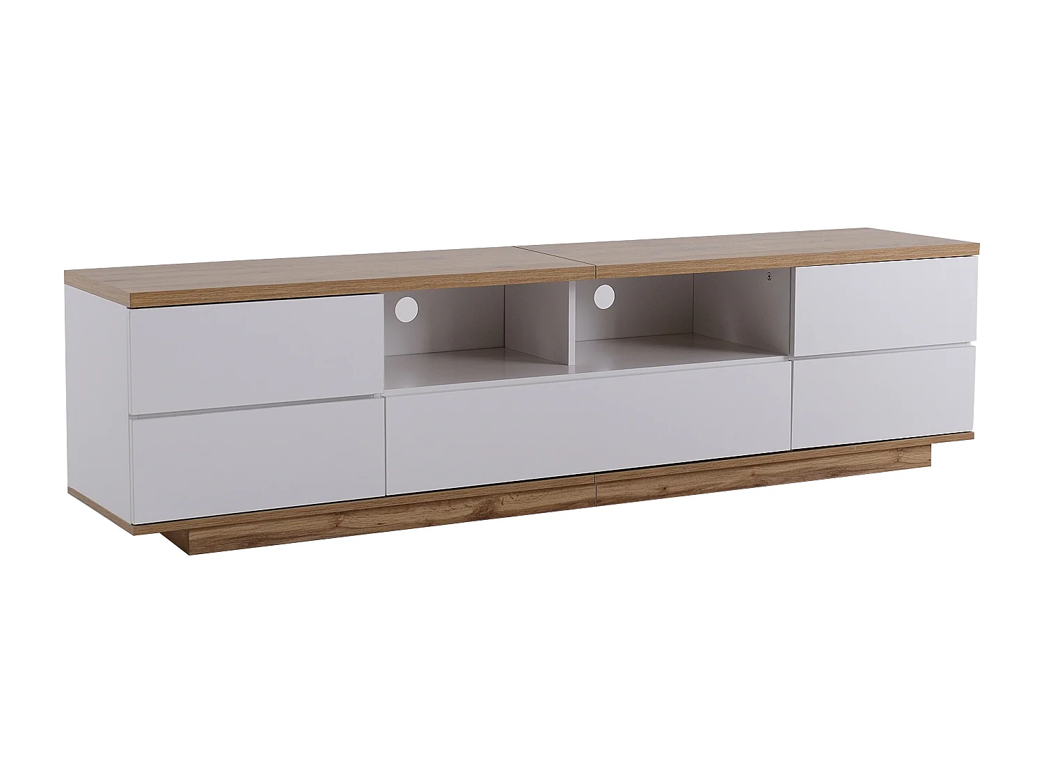 Mueble de TV de 5 puertas, acabado imitación madera, blanco y natural