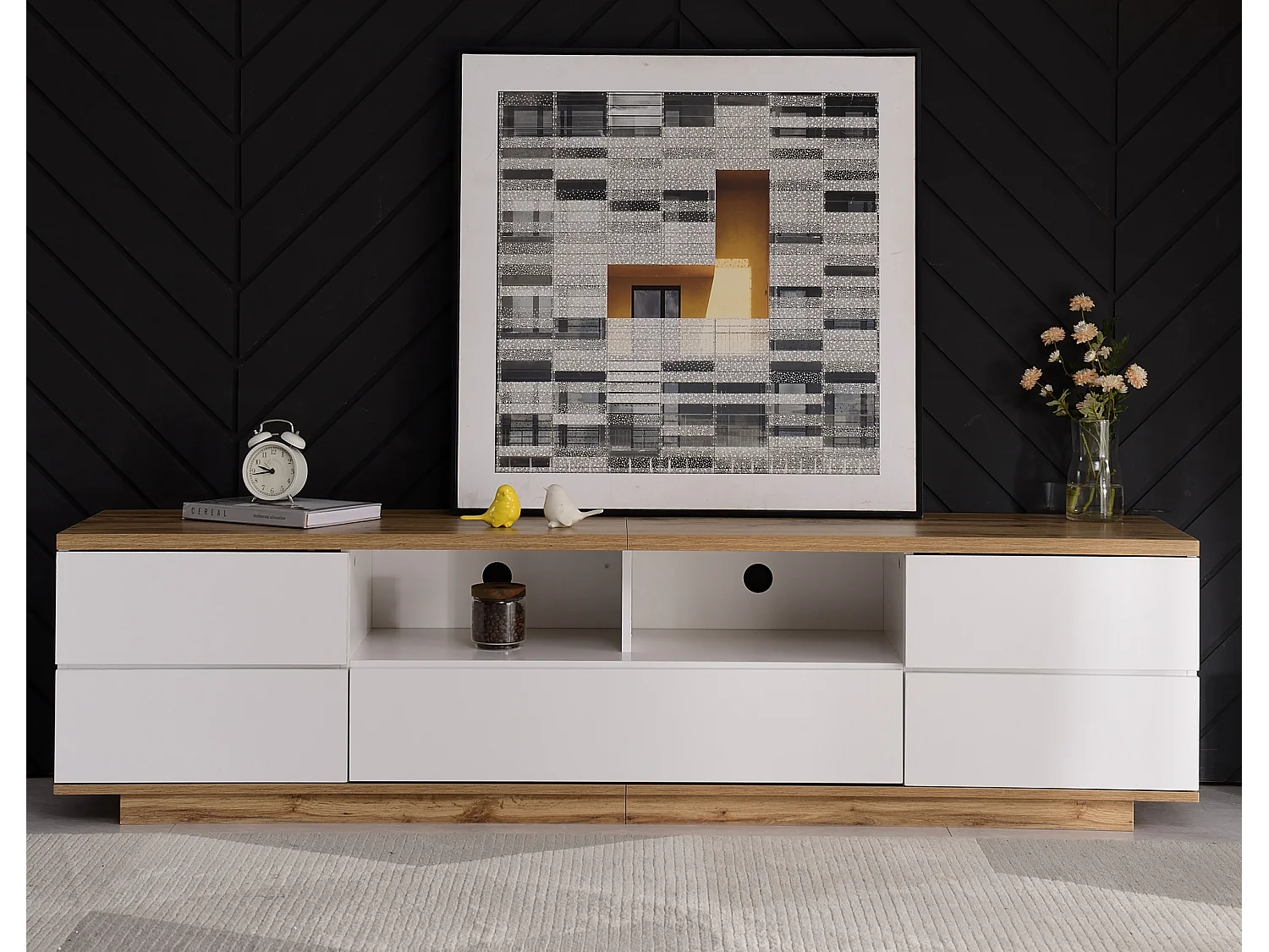 Meuble TV avec 5 portes , finition grain de bois, blanc et naturel