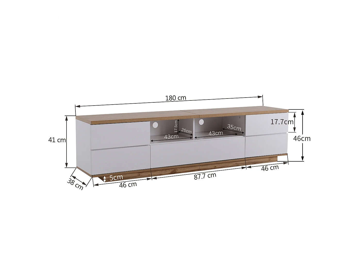 Meuble TV avec 5 portes , finition grain de bois, blanc et naturel