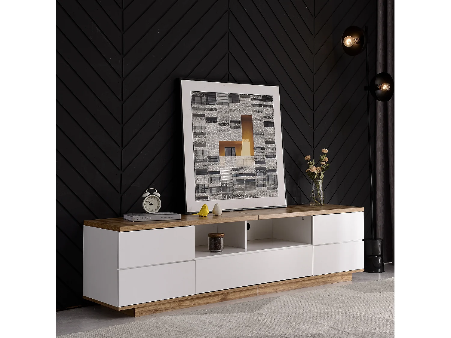 Meuble TV avec 5 portes , finition grain de bois, blanc et naturel