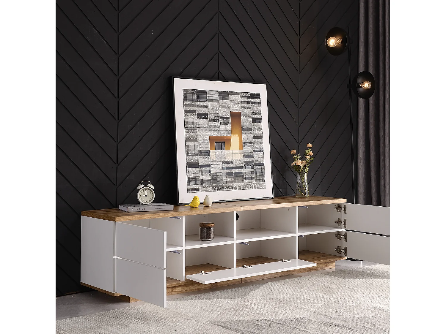 Meuble TV avec 5 portes , finition grain de bois, blanc et naturel