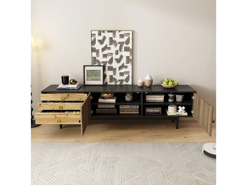 Móvel para TV com 2 portas e 3 gavetas, padrão ondulado, preto e natural.